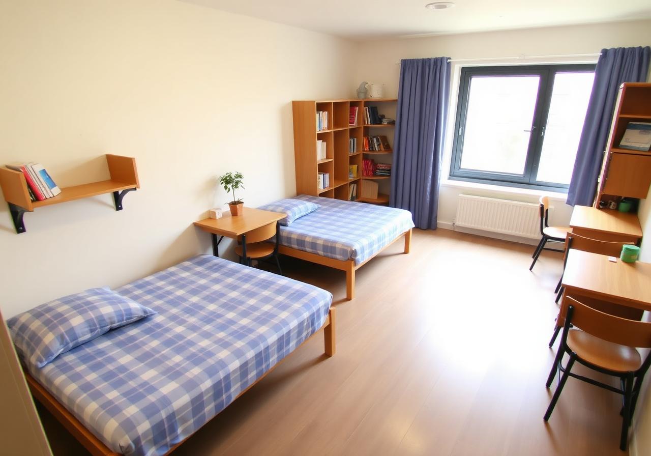 Tidy student hostel room with beds and study desks